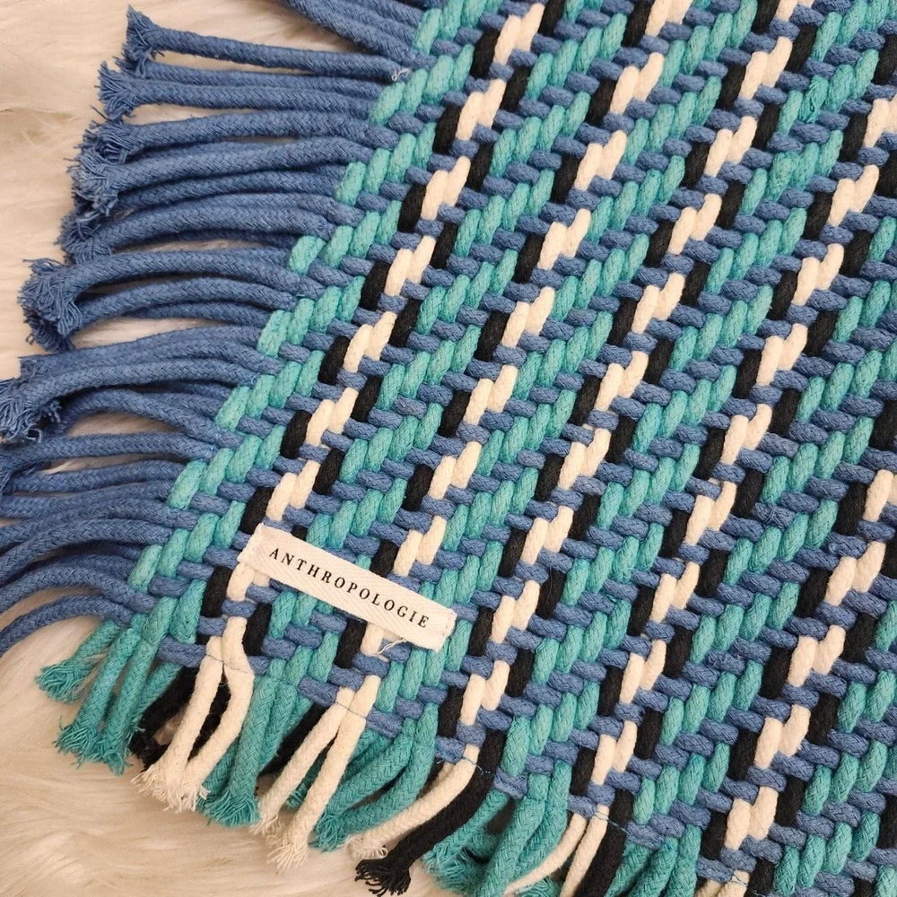 Anthropologie Bon Stripes Woven Table Runner Multicolor Cotton Fringe 16x90 Boho